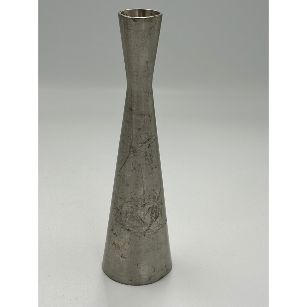 Vintage Selangor Pewter Malaya Engraved Bud Vase Tropical Scene MCM